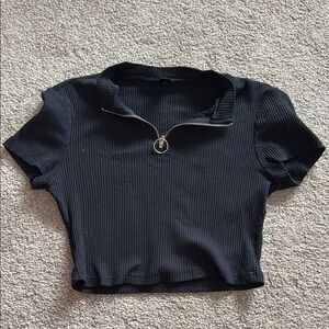 SHEIN Black Ribbed Zip-Up Women's Top